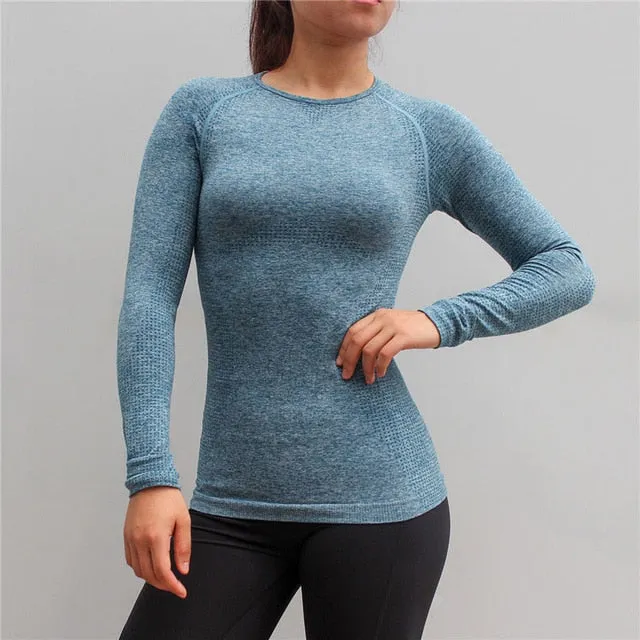 New Women Gym Yoga Shirts Tees Thumb Hole Seamless Long Sleeve Slim Workout Tops Fitness Running Sport T-Shirts Sportswear