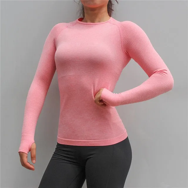 New Women Gym Yoga Shirts Tees Thumb Hole Seamless Long Sleeve Slim Workout Tops Fitness Running Sport T-Shirts Sportswear