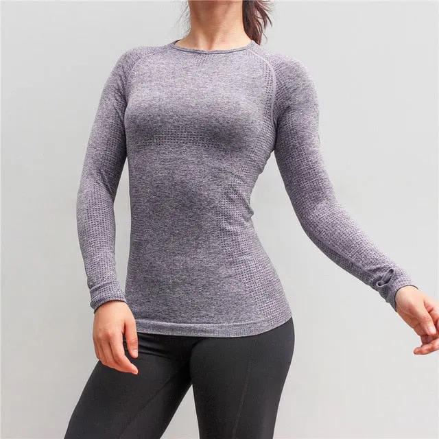 New Women Gym Yoga Shirts Tees Thumb Hole Seamless Long Sleeve Slim Workout Tops Fitness Running Sport T-Shirts Sportswear