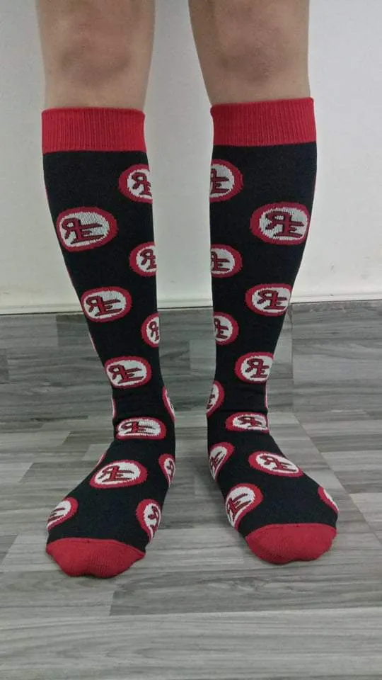 TCK Roy Escosar's Printed Monogram Logo Black & Red Over-Calf Socks  (Available size: S,M,L) - Sold by pair.