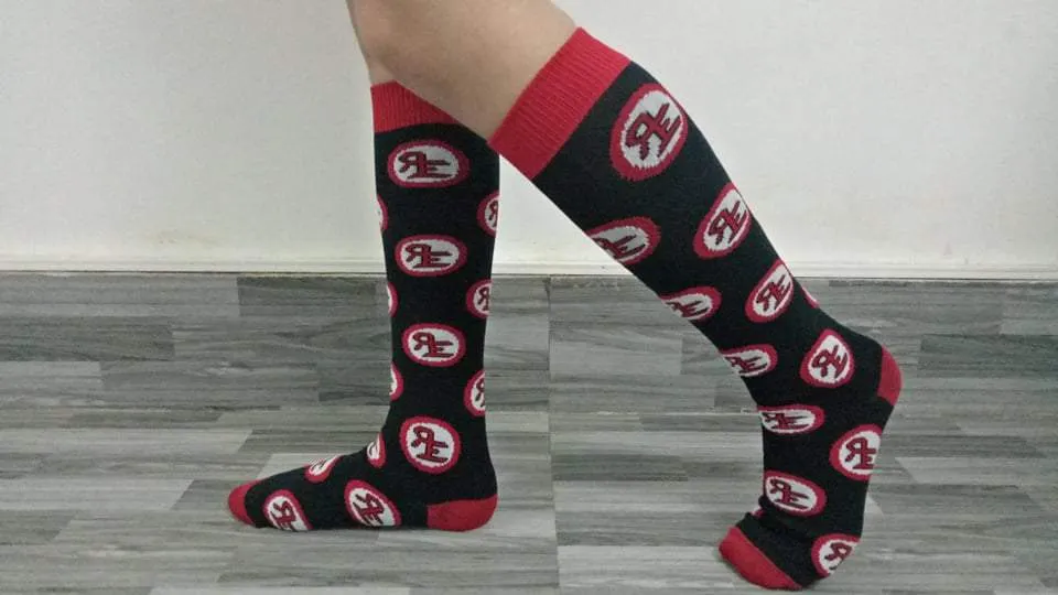 TCK Roy Escosar's Printed Monogram Logo Black & Red Over-Calf Socks  (Available size: S,M,L) - Sold by pair.