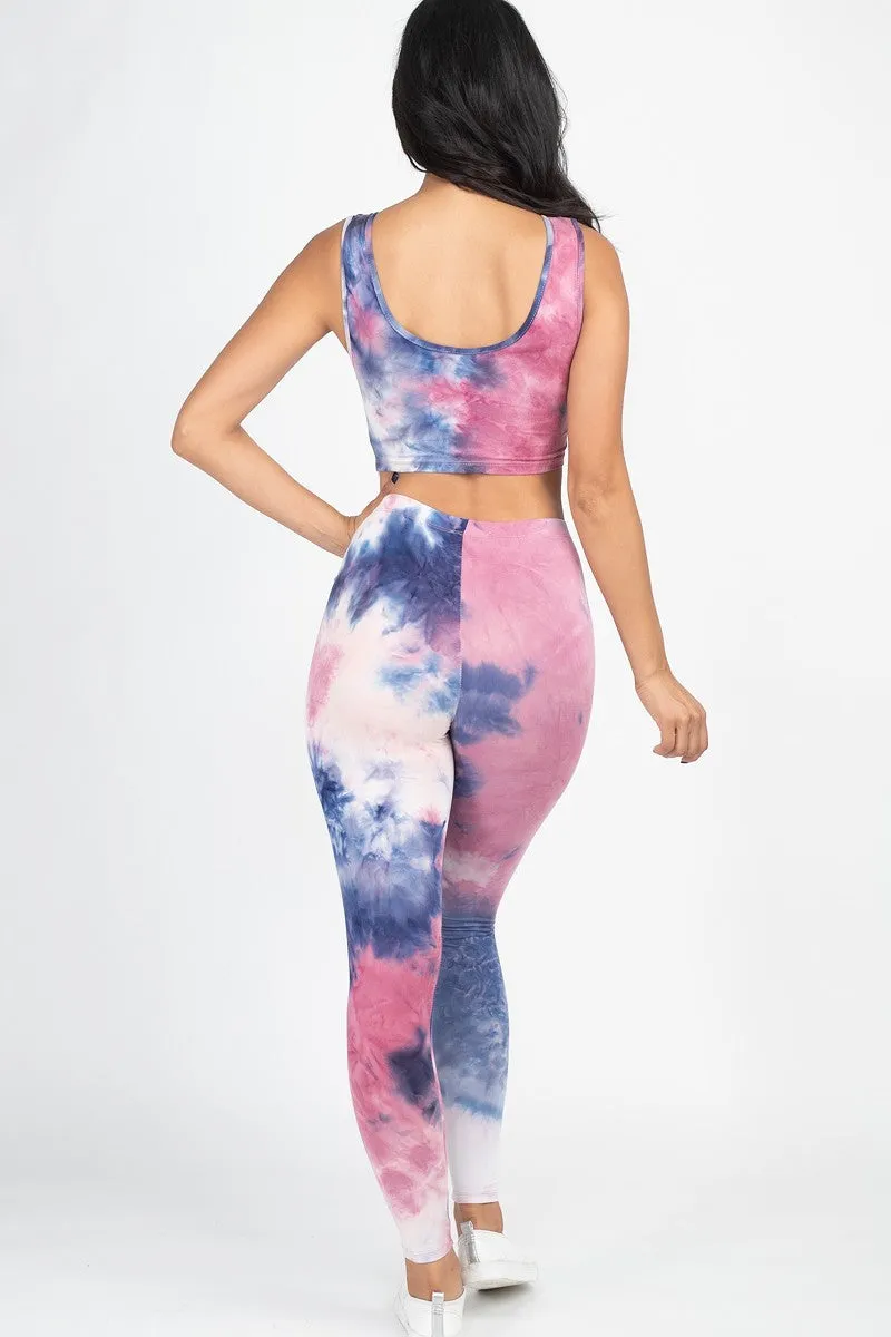 Tie Dye Crop Top And Leggings Yoga Gym Set - Ships from The US
